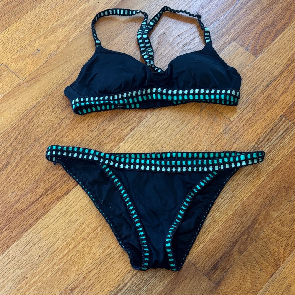 Victoria’s Secret Crochet Bikini Set - Black with Turquoise Crochet - S/M